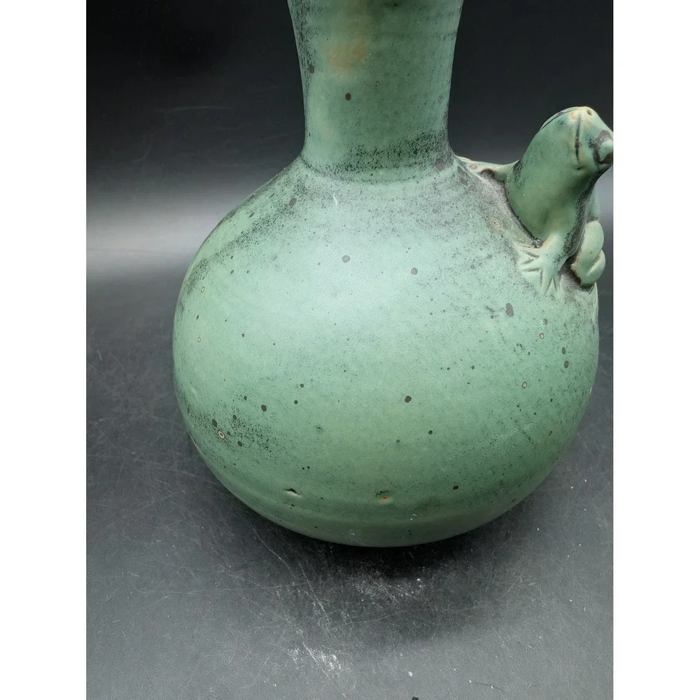Studio Pottery Frog Bud Vase Celadon Green Speckled Glaze Artisan Stoneware 5.5